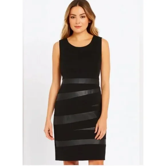 Lafayette 148 NY Black Sheath Dress Real Leather Stripe Detail Size 8 Cocktail - Picture 9 of 9